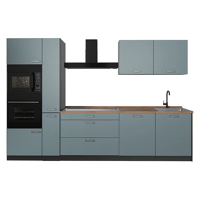 Küchenzeile R-Line 310 cm Blau-Grau Art.-Nr. 67202 -  - Modular-Küche in Blau-Grau mit Holz-Arbeitsplatte, integrierter Mikrowelle, Ofen, Kochfeld, Spüle und schwarzer Dunstabzugshaube.