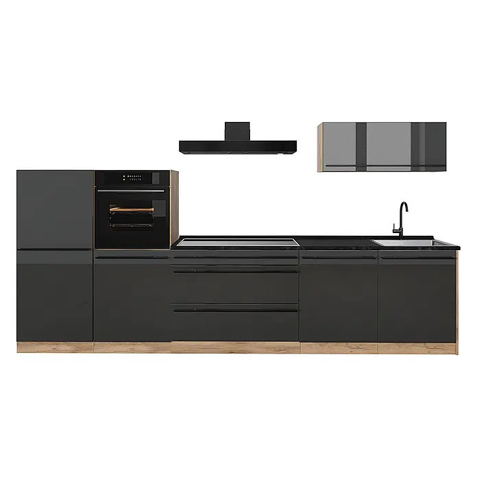 Küchenzeile R-Line 340 cm Anthrazit Hochglanz Art.-Nr. 66525 -  - Moderne dunkelgraue Küchenzeile mit Holzsockel, integriertem Backofen, Kochfeld, Kühlschrank, Spüle und Dunstabzugshaube.
