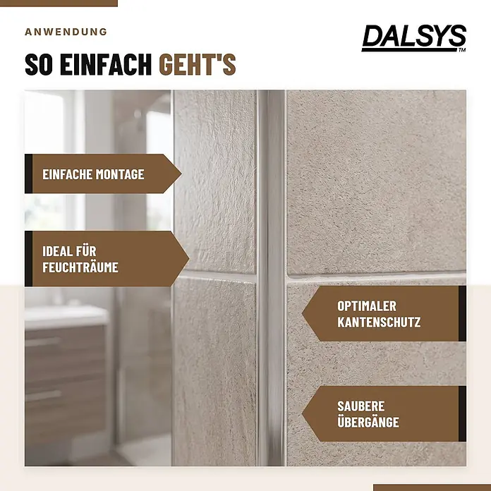 Dalsys Fliesenschiene L-Profil 2,5m x 10mm Edelstahl Schwarz Winkelprofil -  - Silbernes Metallprofil zwischen beigen Fliesen im Bad, betont einfache Montage, Feuchtraumeignung, Kantenschutz und saubere Übergänge.