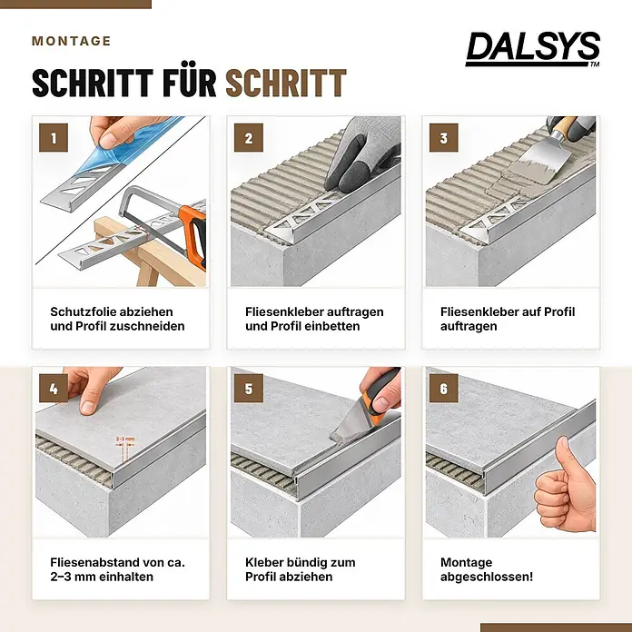 Dalsys Fliesenschiene L-Profil 2,5m x 10mm Edelstahl Schwarz Winkelprofil -  - Schritt-für-Schritt-Anleitung zur Montage eines silbernen Metallfliesenprofils, inklusive Zuschneiden, Einbetten und Verfliesen.