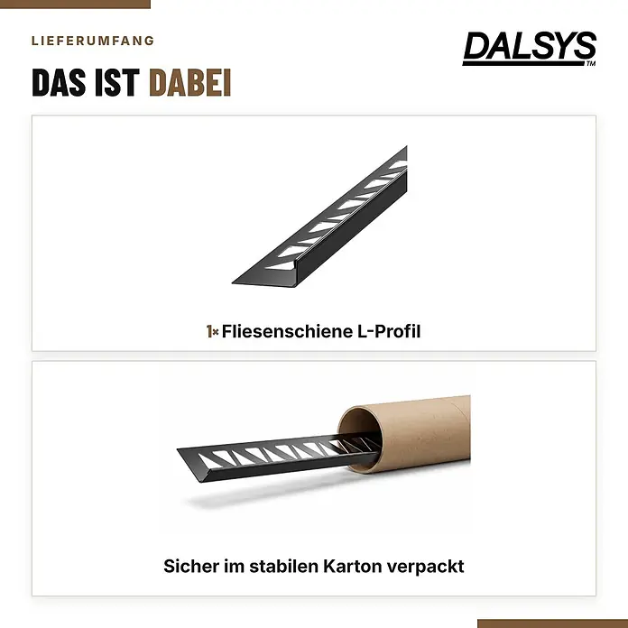 Dalsys Fliesenschiene L-Profil 2,5m x 10mm Edelstahl Schwarz Winkelprofil -  - Schwarzes L-Profil für Fliesen, sicher verpackt in einem stabilen Karton.