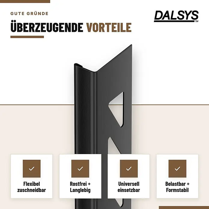 Dalsys Fliesenschiene L-Profil 2,5m x 10mm Edelstahl Schwarz Winkelprofil -  - Schwarzes, gebürstetes Metalleckprofil mit Aussparungen, das seine flexiblen, rostfreien, vielseitigen und stabilen Eigenschaften hervorhebt.