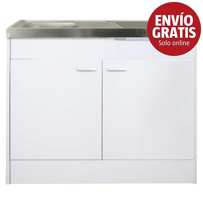Respekta Minicocina Levin - 100 cm, Blanco, Placa de cocción - Mueble bajo de cocina blanco con dos puertas, fregadero y encimera de acero inoxidable integrados.