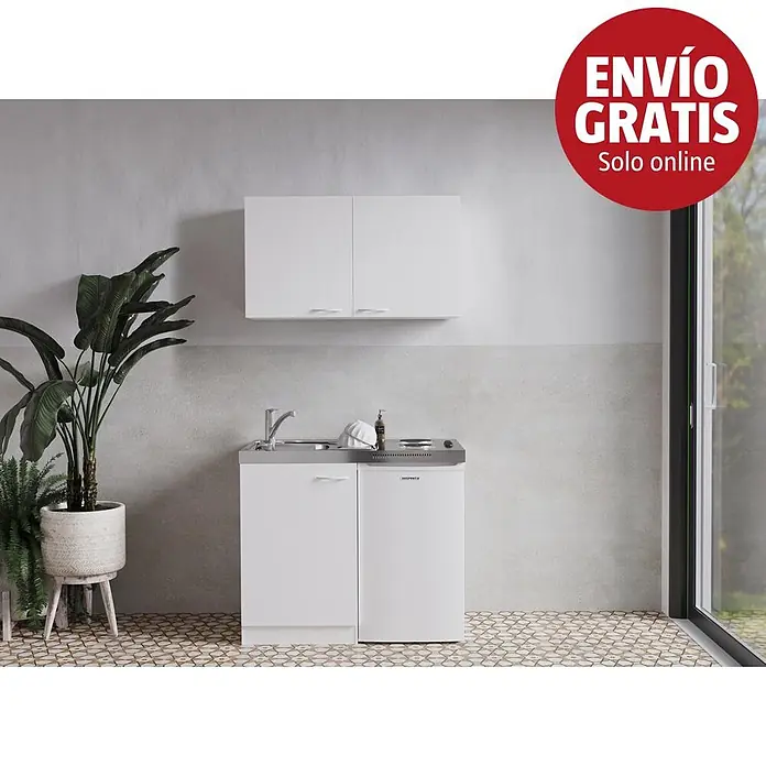 Respekta Minicocina Levin - Ancho: 100 cm, Blanco, Con placa de cocina Duo - Cocina compacta blanca con fregadero, placa y mini nevera, con un mueble superior.