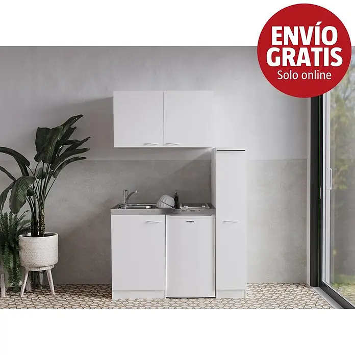 Respekta Minicocina Levin - 130 cm, Blanco, Vitrocerámica y frigorífico - Mueble de cocina compacto blanco con fregadero integrado, nevera pequeña, armarios bajos y altos en una estancia moderna.
