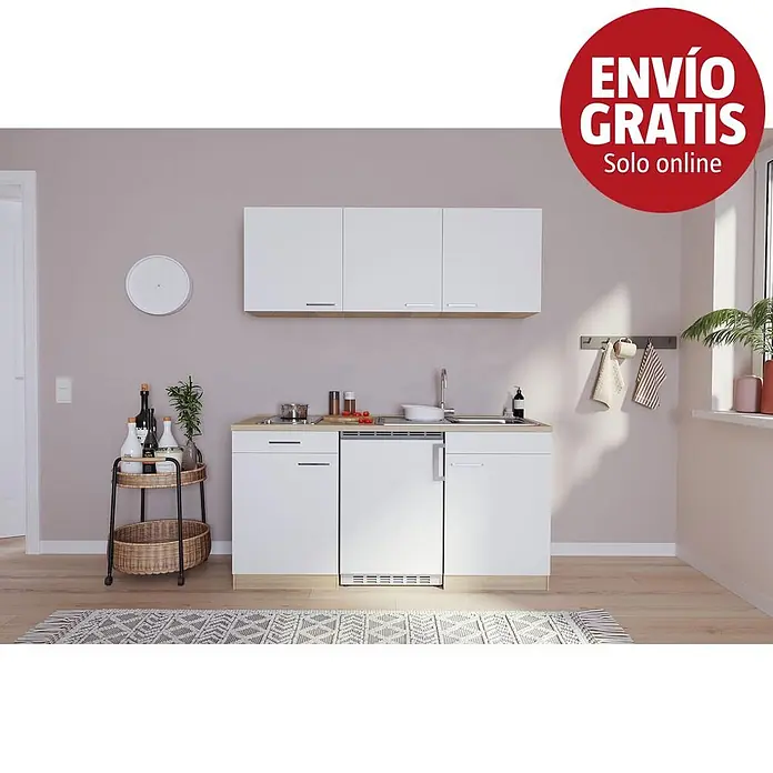 Respekta Cocina compacta Luis - Ancho: 150 cm, Color frontal: Blanco, Color del cuerpo: Marrón, Placa vitrocerámica - Cocina compacta blanca con detalles de madera, fregadero y electrodoméstico integrado, en espacio moderno.