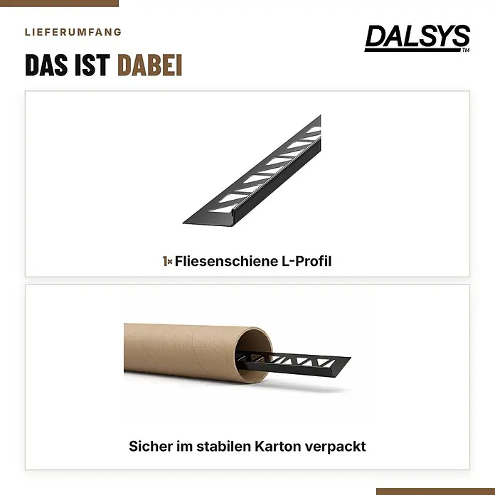 Dalsys Fliesenschiene L-Profil 2,5m x 8mm Edelstahl Gebürstet Schwarz -  - Schwarzes L-Profil Fliesenabschlussprofil, unverpackt und sicher im braunen Kartonrohr verpackt dargestellt.