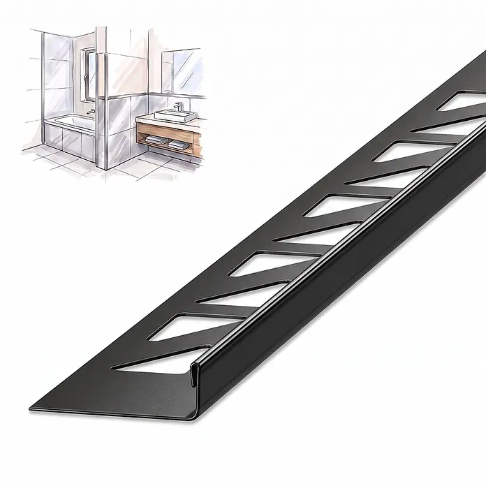 Dalsys Fliesenschiene L-Profil 2,5m x 8mm Edelstahl Gebürstet Schwarz -  - Schwarze Fliesenschiene mit dreieckigen Aussparungen am Ankersteg, geeignet für Badezimmerfliesen.