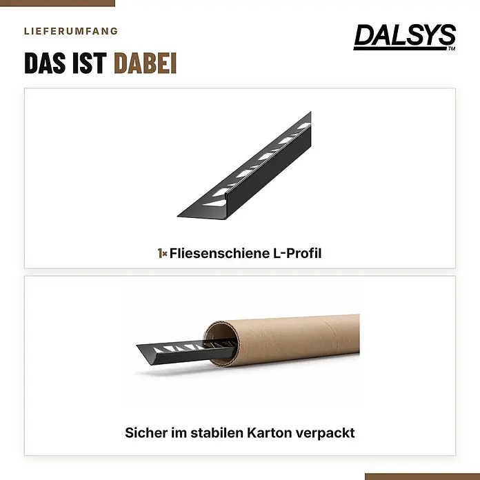 Dalsys Fliesenschiene L-Profil 2,5m x 12,5mm Edelstahl Schwarz Winkelprofil -  - Schwarzes L-Profil Fliesenschiene, einzeln und sicher in einem stabilen Karton verpackt.