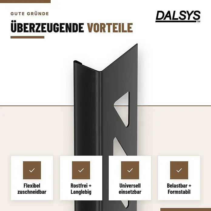 Dalsys Fliesenschiene L-Profil 2,5m x 12,5mm Edelstahl Schwarz Winkelprofil -  - Schwarzes L-Profil aus gebürstetem Metall, flexibel, rostfrei und langlebig.