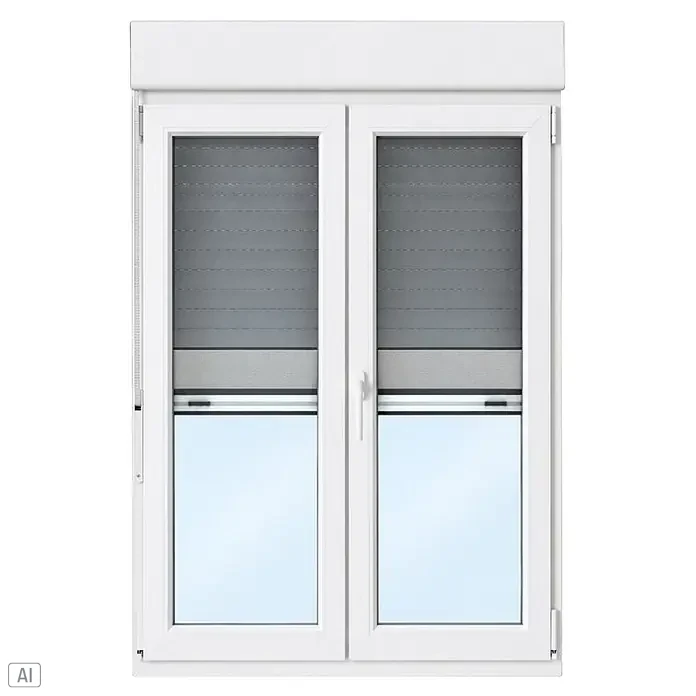 Balconera de PVC practicable-oscilobatiente con mosquitera - 140 x 218 cm, Apertura según normativa: Derecha, Blanco - Ventana doble blanca con persianas enrollables grises, parcialmente bajadas para mostrar la mosquitera y los paneles de vidrio.