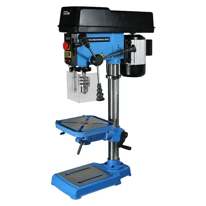 Güde Tischbohrmaschine GTB 16/500 Vario - 500 W, Leerlaufdrehzahl: 290 U/min - 2.500 U/min, Spannweite Bohrfutter: 1 mm - 16 mm - Tischbohrmaschine mit blauem Sockel und schwarzem Motor für präzise Bohrungen in verschiedenen Materialien.