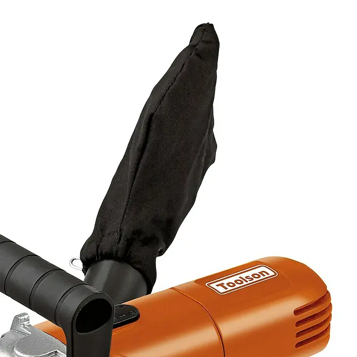 Toolson Flachdübelfräse PRO-DF 860 - 860 W, Frästiefe: 14 mm - Nahaufnahme einer orangefarbenen Toolson-Elektrowerkzeugmaschine mit einem schwarzen Staubbeutel.