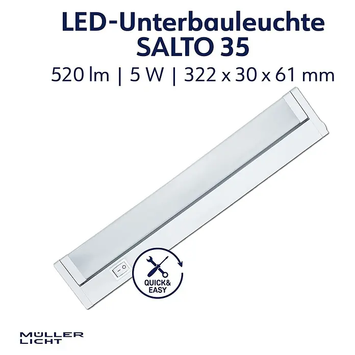 Müller-Licht Lichtleiste Salto 35 - L x B x H: 324 x 46 x 46 cm, Lichtfarbe: Warmweiß, 5 W - Weiße LED-Unterbauleuchte mit integriertem Schalter für schnelle und einfache Montage.