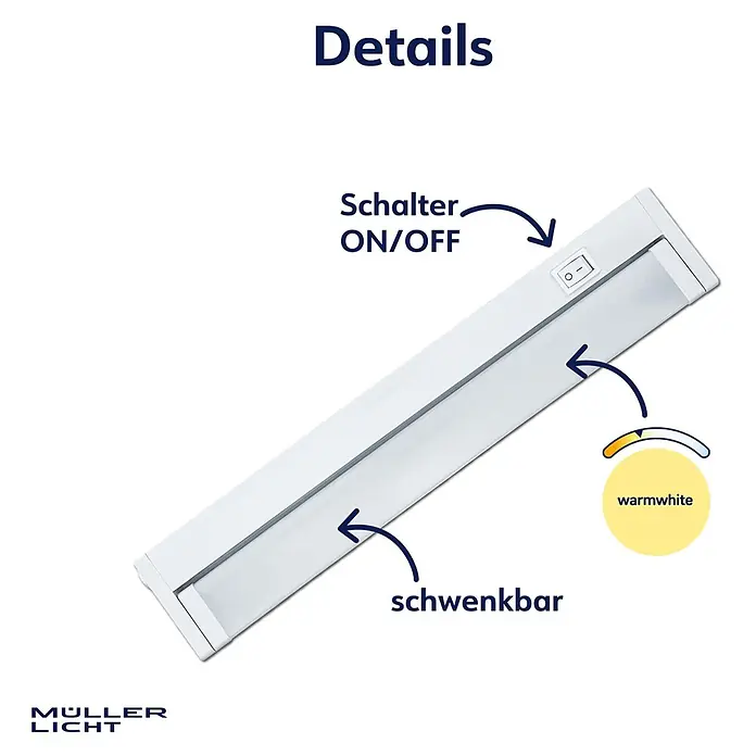 Müller-Licht Lichtleiste Salto 35 - L x B x H: 324 x 46 x 46 cm, Lichtfarbe: Warmweiß, 5 W - Weiße LED-Leiste mit Ein-/Ausschalter, schwenkbar und warmweißem Licht.