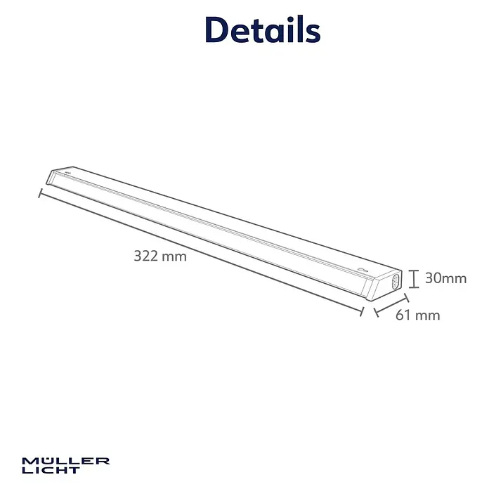 Müller-Licht Lichtleiste Salto 35 - L x B x H: 324 x 46 x 46 cm, Lichtfarbe: Warmweiß, 5 W - Technische Zeichnung einer linearen Leuchte, 322mm lang, 61mm breit und 30mm hoch, mit Maßangaben.