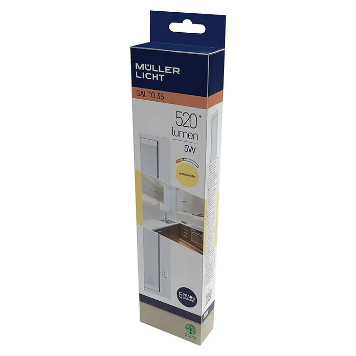 Müller-Licht Lichtleiste Salto 35 - L x B x H: 324 x 46 x 46 cm, Lichtfarbe: Warmweiß, 5 W - Hohe, rechteckige Verpackung für eine Müller Licht Salto 35 Leuchte, weiß, blau und beige, zeigt 520 Lumen, 5W warmweiß und 5 Jahre Garantie.
