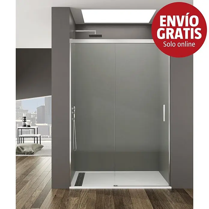 GME Mampara de ducha frontal Basic Plus - 105 x 196 cm, Vidrio transparente, Plata brillo - Mampara de ducha con puertas correderas de cristal y plato de ducha blanco en un baño moderno.