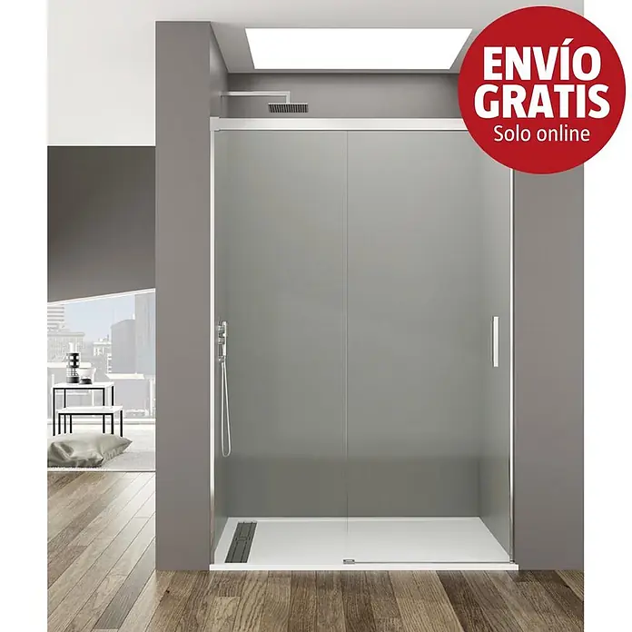 GME Mampara de ducha frontal Basic Plus - 120 x 196 cm, Vidrio transparente, Plata brillo - Mampara de ducha moderna con puertas correderas de cristal mate, marco cromado y plato de dutxa blanco.
