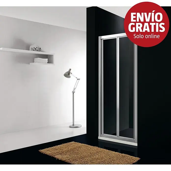 GME Mampara de ducha frontal Akord - 70 x 195 cm, Espesor de vidrio: 4 mm, Plateado - Mampara de ducha plegable con marco plateado y paneles oscuros en un baño moderno.