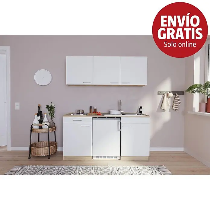Respekta Cocina compacta Luis - Ancho: 150 cm, Color frontal: Blanco, Color del cuerpo: Marrón, Placa 2 fogones - Cocina compacta blanca con encimera de madera, fregadero, electrodomésticos y armarios altos en un ambiente moderno.