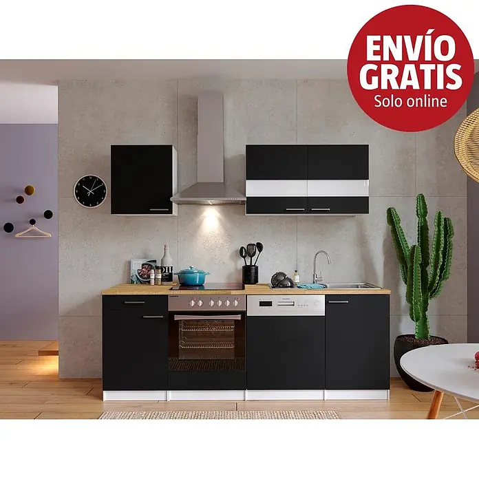 Respekta Cocina compacta Malia - Ancho: 220 cm, Negro, Decoración encimera: Efecto madera, Volumen horno: 72 l - Cocina compacta negra con detalles blancos, encimera de madera, placa, horno, lavavajillas y fregadero integrados en una estancia moderna.