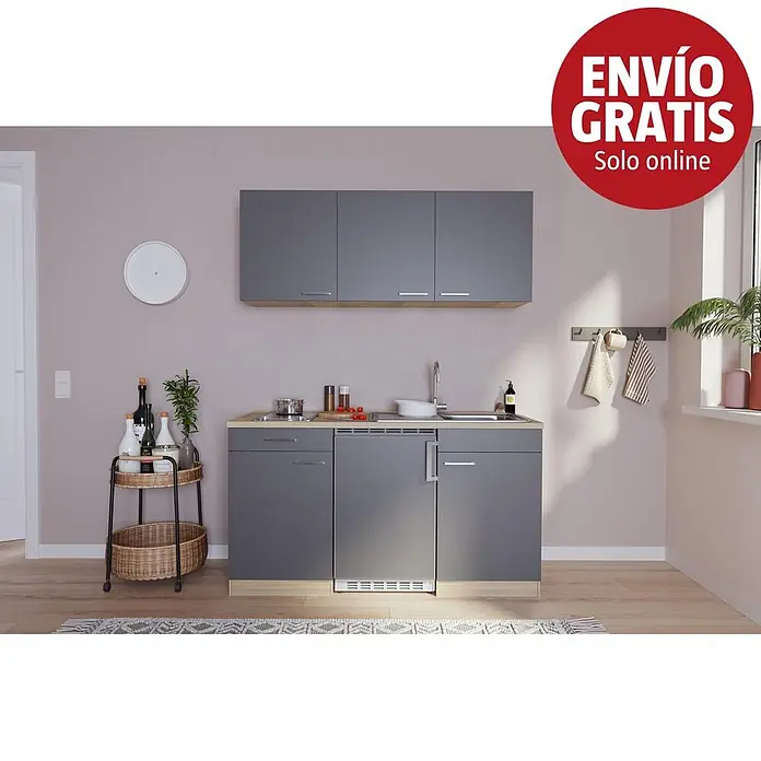 Respekta Cocina compacta Luis - Ancho: 150 cm, Color frontal: Gris, Color del cuerpo: Marrón, Placa vitrocerámica - Cocina compacta gris con encimera de madera, fregadero, vitrocerámica, frigorífico integrado y armarios superiores a juego en un salón moderno.
