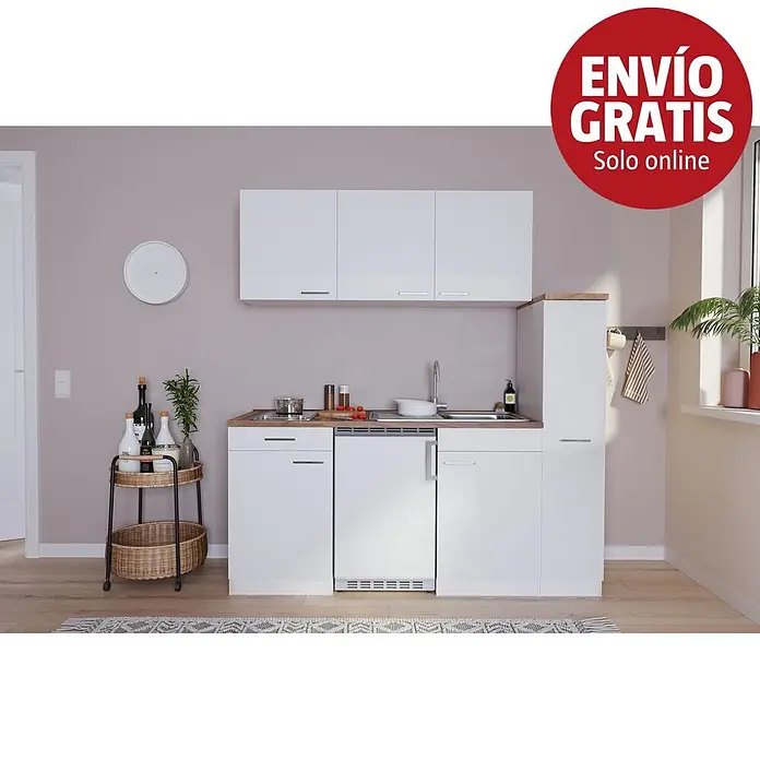 Respekta Cocina compacta Luis - Ancho: 180 cm, Blanco, Con placa vitrocerámica - Minicocina blanca con encimera de madera, fregadero, placa y nevera integrados, en un ambiente pequeño.