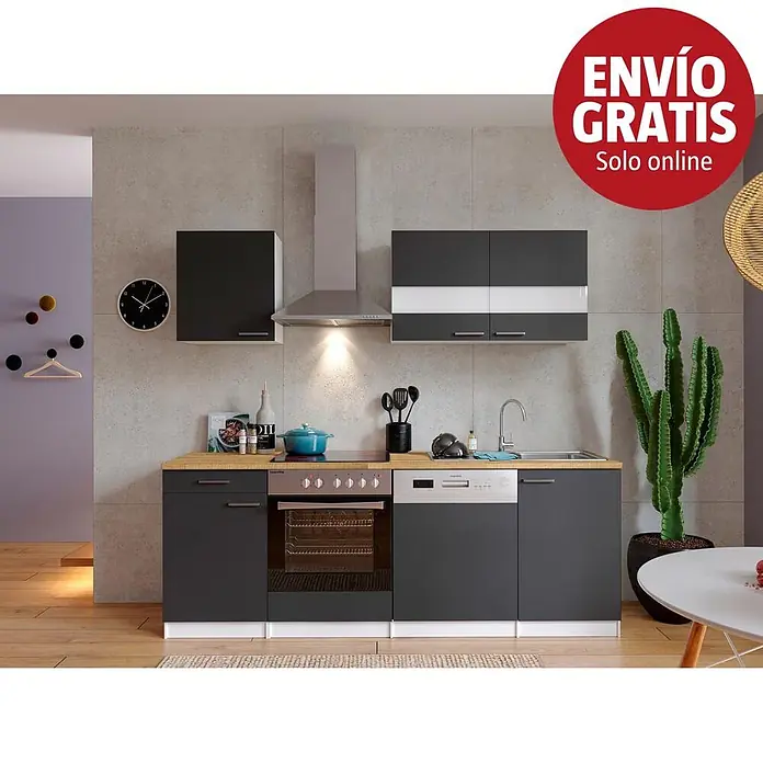 Respekta Cocina compacta Malia - Ancho: 220 cm, Gris, Decoración encimera: Efecto madera, Volumen horno: 72 l - Mueble de cocina moderno con armarios gris oscuro, encimera de madera clara, horno integrado, lavavajillas y fregadero.