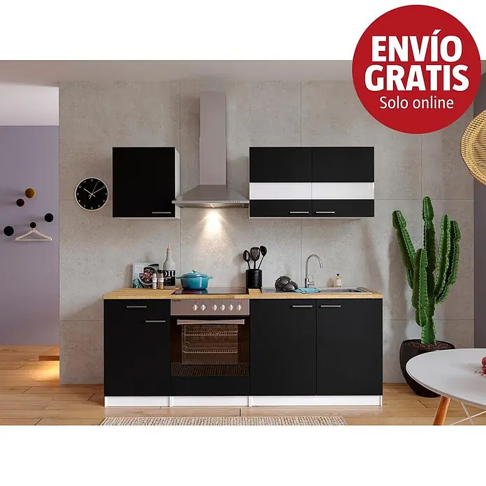 Respekta Cocina compacta Malia - Ancho: 210 cm, Negro, Decoración encimera: Efecto madera, Volumen horno: 72 l - Moderna cocina negra con encimera de madera, horno, vitrocerámica, fregadero integrados y armarios superiores a juego, en una cocina contemporánea.