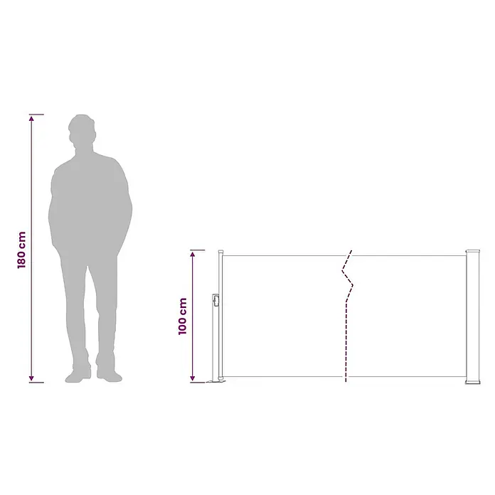 vidaXL Seitenmarkise Schwarz 500 x 500 x 100 cm Stoff -  - Ausziehbare Seitenmarkise, 100 cm hoch, zum Größenvergleich neben einer 180 cm großen Person.