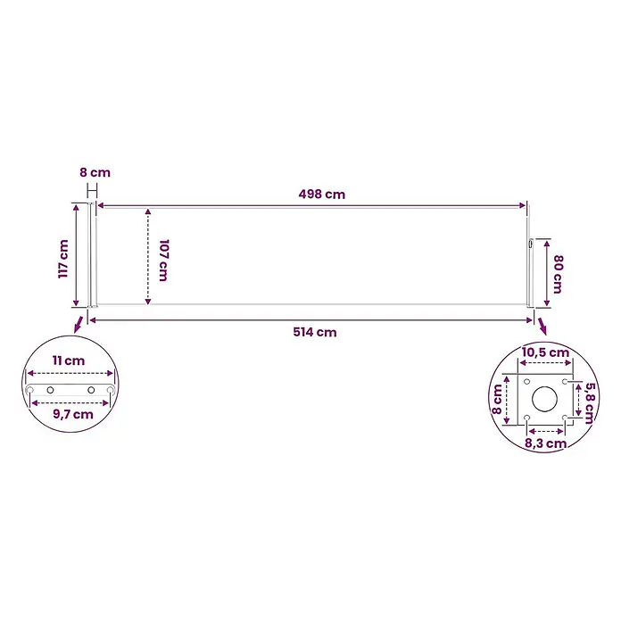 vidaXL Seitenmarkise Grau 500 x 120 cm Stoff -  - Technische Zeichnung mit Maßen eines rechteckigen Barriereelements und seiner Montagekomponenten.