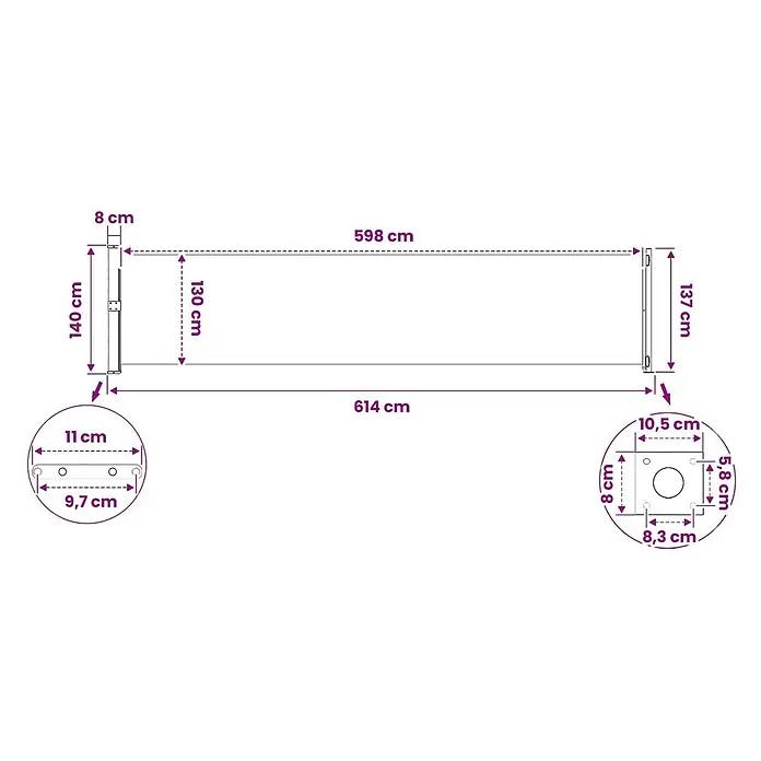 vidaXL Seitenmarkise Grau 600 x 140 cm Stoff -  - Detaillierte Maßzeichnung eines langen, rechteckigen, ausziehbaren Sichtschutzes mit Gesamtbreite von 614 cm und Höhe bis 140 cm, inklusive Halterungsdetails.