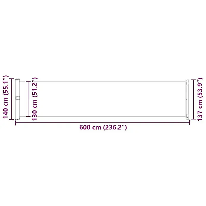 vidaXL Seitenmarkise Grau 600 x 140 cm Stoff -  - Draufsicht eines langen, rechteckigen Produkts, 600 cm lang, mit Höhen von 130-140 cm.