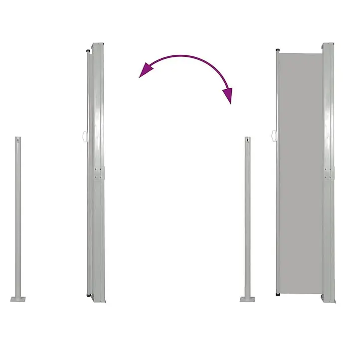 vidaXL Seitenmarkise Grau 300 x 300 x 170 cm Stoff -  - Graues, ausziehbares Seitenmarkise, in eingefahrenem und teilweise ausgefahrenem Zustand mit Pfosten dargestellt.