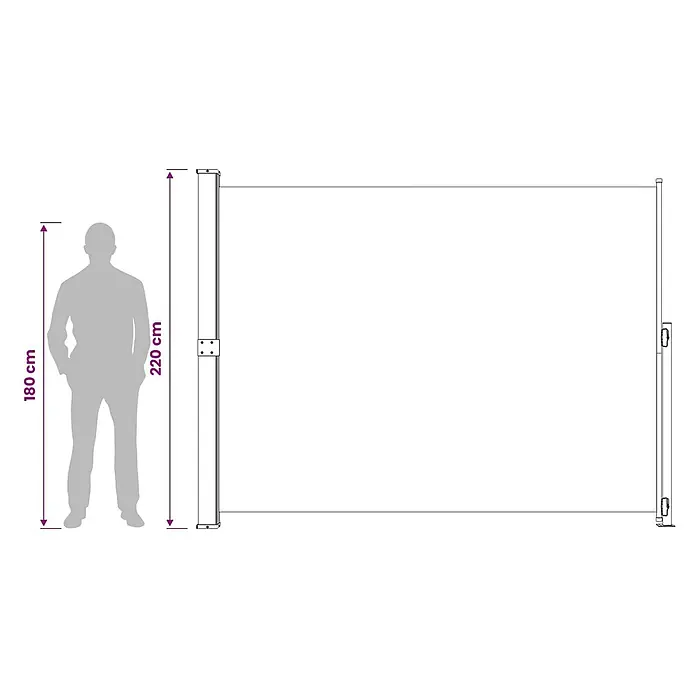 vidaXL Seitenmarkise Schwarz 300 x 220 cm Stoff -  - Ausgezogene weiße Seitenmarkise, mit 180 cm großer Person als Größenvergleich. Markisenhöhe ist 220 cm.