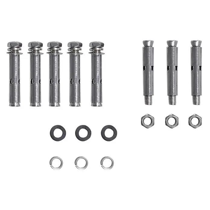 vidaXL Seitenmarkise Grau 300 x 160 cm Stahl -  - Set silberfarbener Metall-Spreizdübel mit Bolzen, Muttern, Unterlegscheiben und Federringen zur sicheren Befestigung.