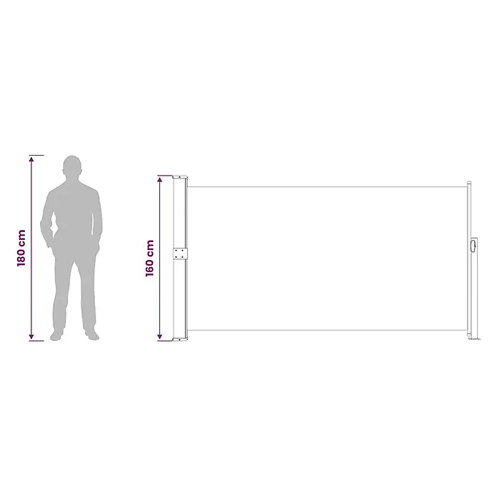 vidaXL Seitenmarkise Grau 300 x 160 cm Stahl -  - Ausziehbare Seitenmarkise, 160 cm hoch, zum Größenvergleich neben einer 180 cm großen Person.