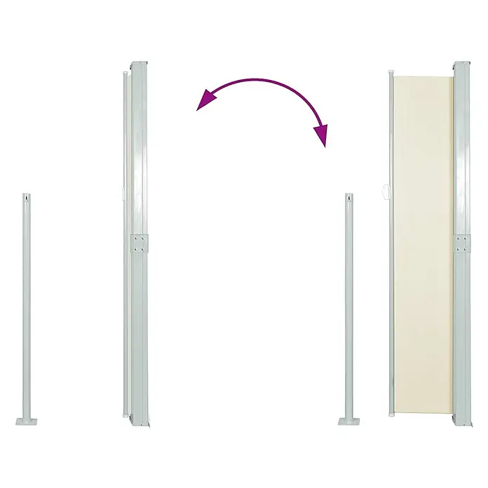 vidaXL Seitenmarkise Grau 300 x 160 cm Stahl -  - Beige ausziehbare Seitenmarkise mit grauen Pfosten, Funktionsweise mit Pfeil dargestellt.