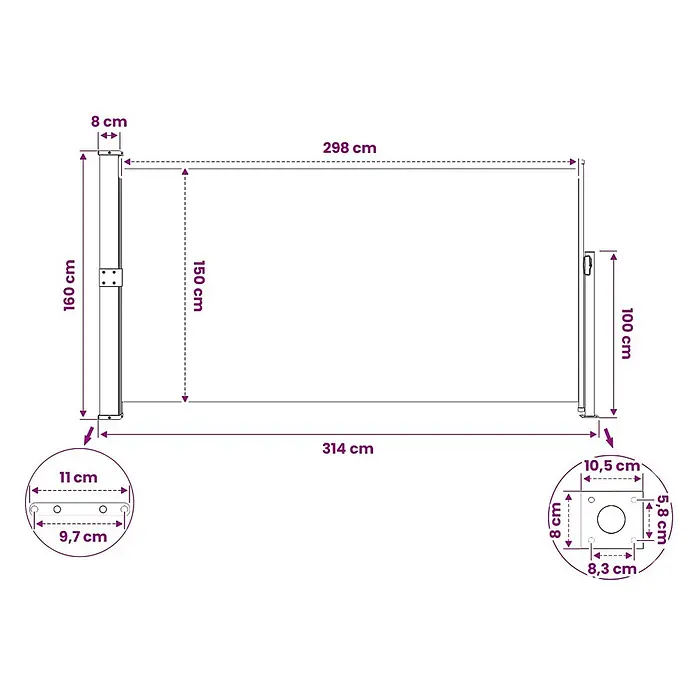 vidaXL Seitenmarkise Grau 300 x 160 cm Stahl -  - Maße einer ausziehbaren Seitenmarkise, mit 314 cm Breite und 150 cm Höhe des Schirms.