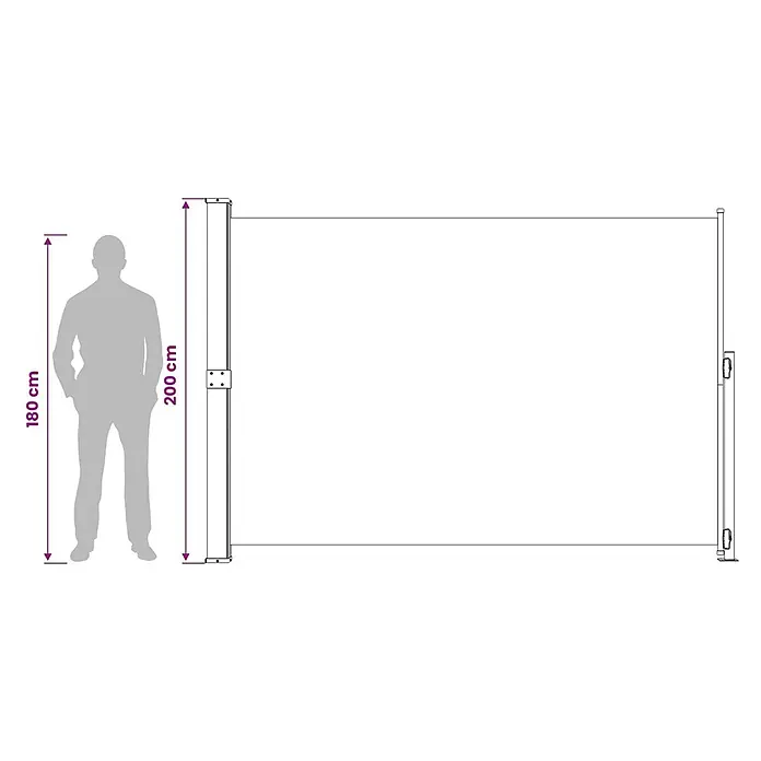 vidaXL Seitenmarkise Grau 300 x 200 cm Stoff -  - Sichtschutzwand, 200 cm hoch, mit einer 180 cm großen Person zum Größenvergleich.