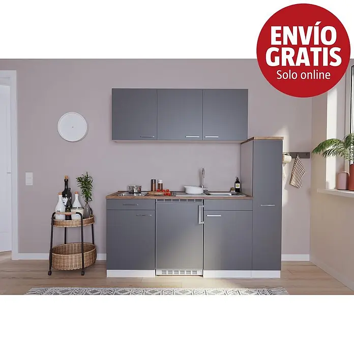 Respekta Cocina compacta Luis - Ancho: 180 cm, Gris, Con placa vitrocerámica - Cocina compacta gris con encimera de madera, fregadero y placa de cocción, en una cocina moderna.