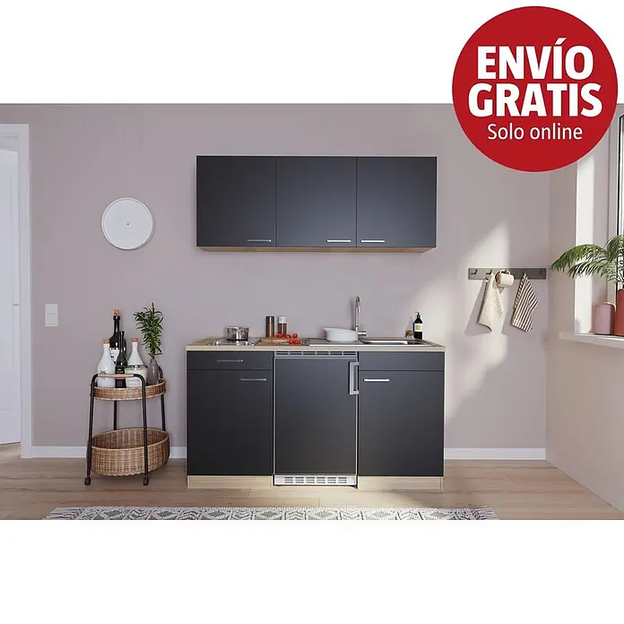 Respekta Cocina compacta Luis - Ancho: 150 cm, Color frontal: Negro, Color del cuerpo: Marrón, Placa vitrocerámica - Cocina compacta negra con encimera y base efecto madera, fregadero, vitrocerámica y frigorífico integrado, en habitación moderna.