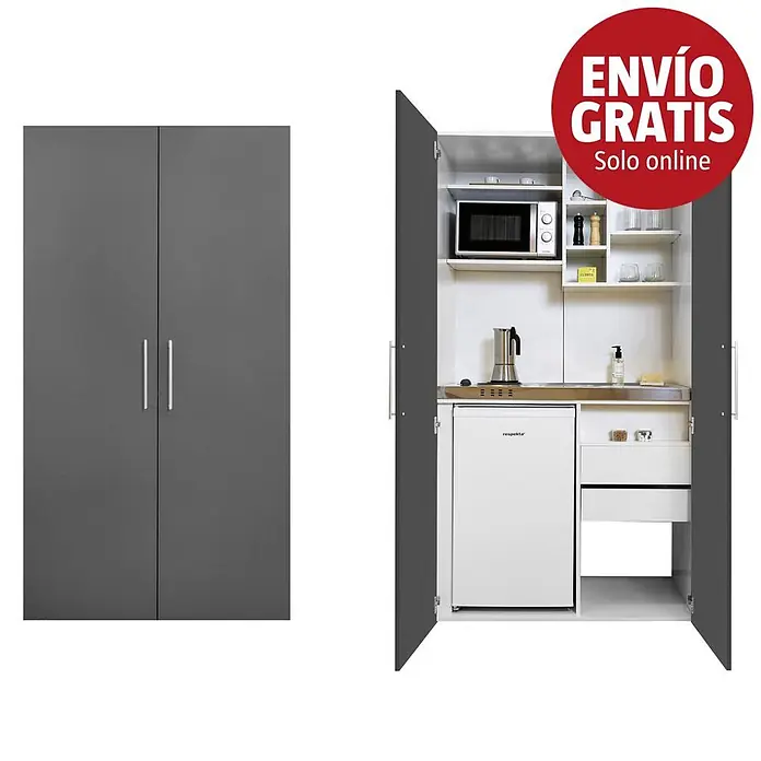 Respekta Cocina en armario Peter - Ancho: 104 cm, Gris, Placa de cocina doble y microondas - Mueble de cocina compacto gris oscuro con puertas dobles, abierto revela microondas, mini-nevera, fregadero y estantes.