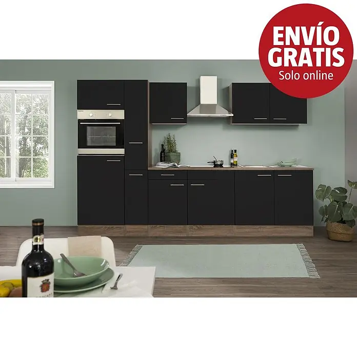 Respekta Cocina modular completa Oliver - Ancho: 300 cm, Negro, Sin electrodomésticos - Muebles de cocina negros con zócalo y encimeras efecto madera, instalados en una cocina moderna.