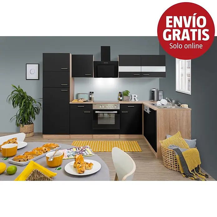 Respekta Cocina esquinera Merle - An x Pr: 280 x 172 cm, Negro, Con electrodomésticos, Volumen horno: 72 l - Cocina moderna en L con armarios negros y encimeras de madera clara, horno, placa y fregadero integrados.