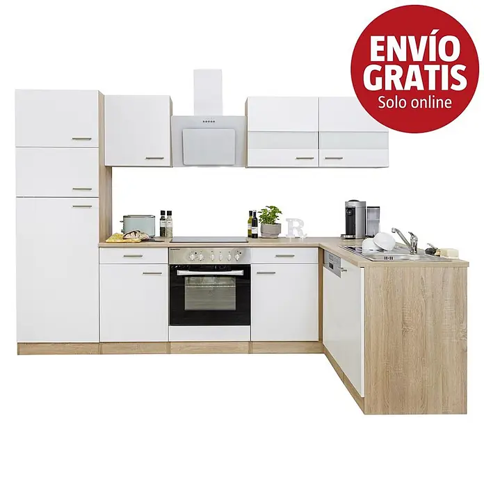 Respekta Cocina esquinera Merle - An x Pr: 280 x 172 cm, Blanco, Con electrodomésticos, Volumen horno: 72 l - Mueble de cocina moderno en L con frentes blancos y encimeras/bases efecto madera clara, con horno, vitrocerámica y fregadero integrados.