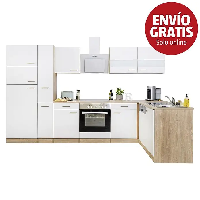 Respekta Cocina esquinera Merle - An x Pr: 310 x 172 cm, Blanco, Con electrodomésticos, Volumen horno: 72 l - Mueble de cocina blanco con encimeras y detalles de efecto madera clara, con horno, placa, fregadero y lavavajillas integrados.