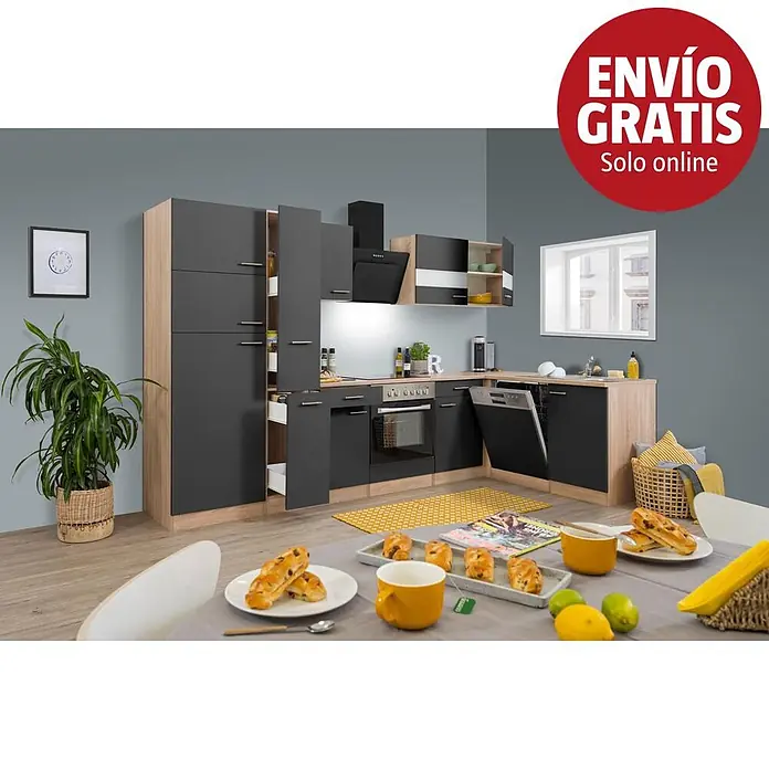 Respekta Cocina esquinera Merle - An x Pr: 310 x 172 cm, Gris, Con electrodomésticos, Volumen horno: 72 l - Cocina modular moderna en gris oscuro y efecto madera clara, con electrodomésticos integrados y amplio almacenamiento, en un hogar contemporáneo.
