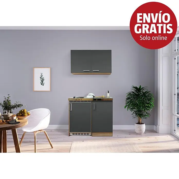 Respekta Minicocina Levin - Ancho: 100 cm, Gris, Con placa de cocción doble, Con armario superior - Minicocina compacta con armarios gris oscuro y encimera de madera, mostrada en un ambiente moderno.